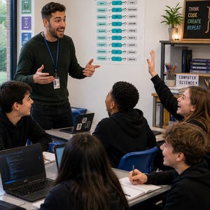 May include: A classroom setting featuring a teacher standing before students seated at desks with laptops and notebooks. A wall poster displays a Memory Size Chart with data units, and a sign on a shelf reads Think Code Create Repeat.