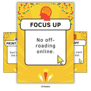 Könnte beinhalten: Ein Satz von 12 Postern mit gelbem Hintergrund und verschiedenen Texten. Das Hauptposter zeigt „FOCUS UP“ mit dem Text „No off-roading online“. Andere Poster sagen „PRINT“ und „OFF“. Das Design beinhaltet ein Gehirn-Symbol.