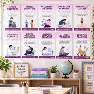 Op de afbeelding: Een set van 10 educatieve posters getiteld Jobs of the Future, met illustraties en beschrijvingen voor rollen zoals ruimtevaartingenieurs, drone-operators en AI-contentmakers, gerangschikt in twee rijen boven een houten boekenplank.