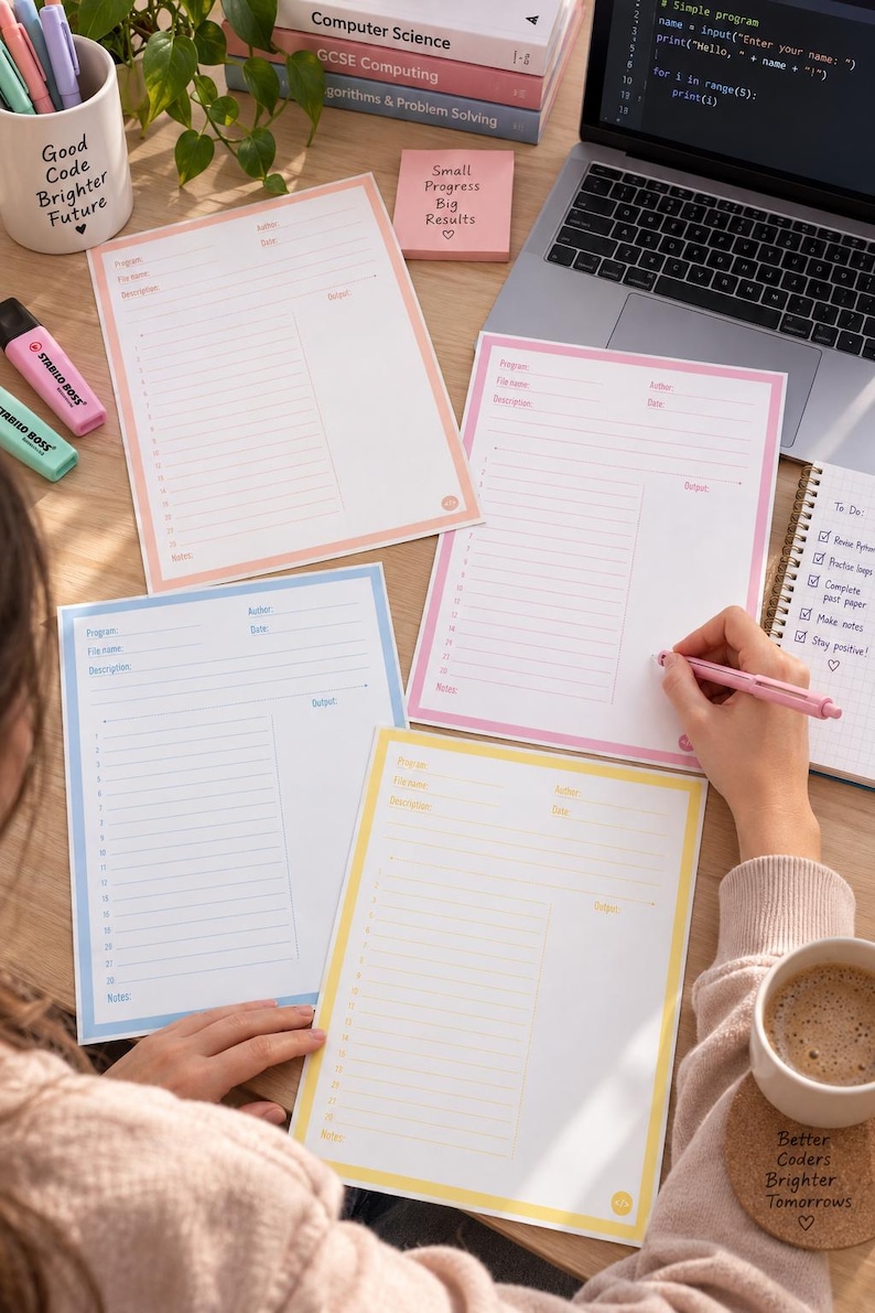 May include: A set of four coding log sheets in pastel pink, blue, and yellow, each featuring fields for program name, file name, author, date, and description, alongside a numbered list for code lines and a dedicated output section for programming.