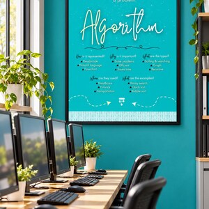 Op de afbeelding: Een ingelijste educatieve poster met een heldere turquoise achtergrond en het woord Algorithm in witte schrijfletters. De tekst legt uit wat een algoritme is, hoe het wordt weergegeven, het belang, de typen, toepassingen en voorbeelden.