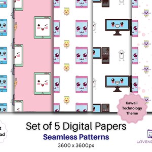May include: Set of five digital papers with seamless patterns featuring cute cartoon illustrations of phones, computers, and batteries. The patterns are in pink, blue, and white with a kawaii technology theme.