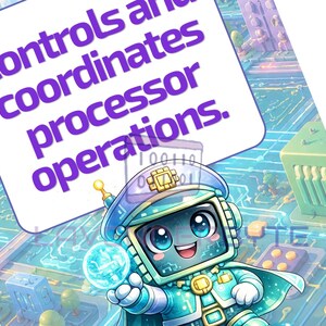 May include: A cartoon robot character with a square screen face and large blue eyes, wearing a cap and cape, stands over a digital circuit board background. A white speech bubble above the robot contains the text: Controls and coordinates processor operations.
