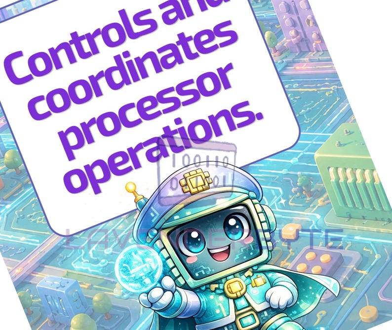 May include: A cartoon robot character with a square screen face and large blue eyes, wearing a cap and cape, stands over a digital circuit board background. A white speech bubble above the robot contains the text: Controls and coordinates processor operations.