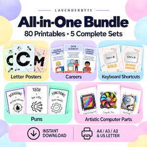 Może przedstawiać: Cyfrowy pakiet 80 plakatów edukacyjnych do druku pod tytułem All-in-One Bundle. Zestaw zawiera plakaty z literami, karty zawodów, skróty klawiszowe, żarty techniczne oraz artystyczne grafiki części komputerowych. Dostępne do pobrania w formatach A4, A3, A2 i US Letter.