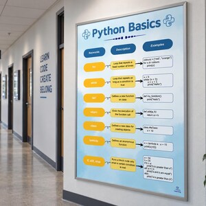 May include: A rectangular educational poster titled Python Basics mounted on a wall. The poster features a table with columns for Keywords, Description, and Examples, detailing programming concepts like for, while, def, return, class, lambda, and if, elif, else.