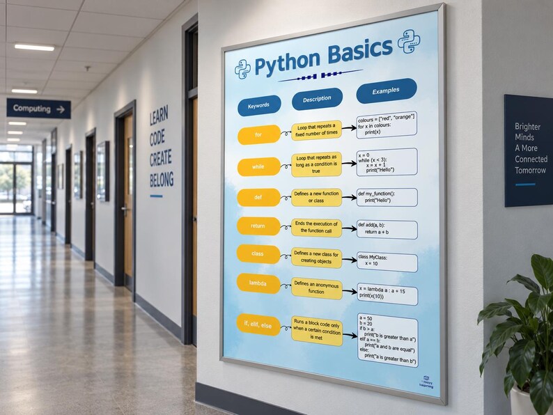 May include: A rectangular educational poster titled Python Basics mounted on a wall. The poster features a table with columns for Keywords, Description, and Examples, detailing programming concepts like for, while, def, return, class, lambda, and if, elif, else.