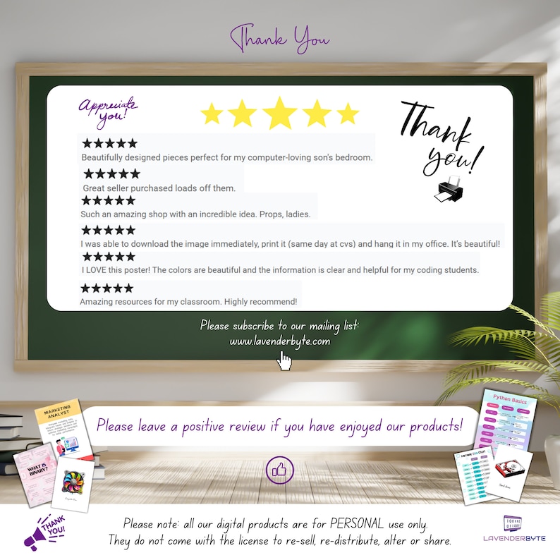 May include: A chalkboard with a thank you message and five-star reviews. The reviews highlight the quality of the products and the seller's responsiveness. The text on the chalkboard also includes a call to action to subscribe to the mailing list and leave a positive review. The image also includes a thumbs up icon and a printer icon.