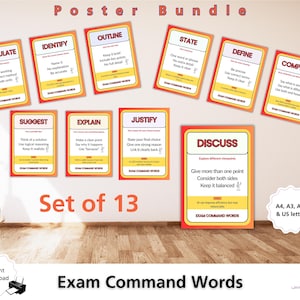 May include: A set of 13 educational posters with exam command words, including "Calculate," "Identify," and "Discuss." Each poster has a red border, yellow background, and concise instructions. The set includes A4, A3, A2, and US letter sizes.
