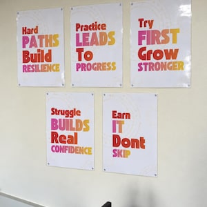Op de afbeelding: Vijf rechthoekige witte posters met motiverende tekst in rood, oranje en geel kleurverloop. De posters bevatten de teksten: Hard PATHS Build RESILIENCE, Practice LEADS To PROGRESS, Try FIRST Grow STRONGER, Struggle BUILDS Real CONFIDENCE en Earn IT Dont SKIP.