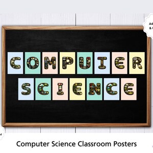 May include: A rectangular framed poster featuring the words COMPUTER SCIENCE in bold letters. Each letter is filled with small icons related to technology. The text is set against a black background with pastel-colored rectangular accents.
