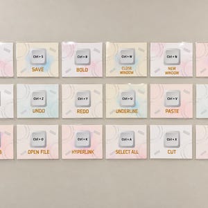 May include: A set of eighteen rectangular cards arranged in three rows, each featuring a grey computer key icon with a keyboard shortcut and its corresponding function text, such as Ctrl+C for COPY, Ctrl+S for SAVE, and Ctrl+P for PRINT.