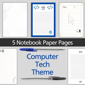 K&ouml;nnte beinhalten: F&uuml;nf bedruckbare Notizbuchpapierseiten mit einem Computer-Tech-Thema. Die Seiten zeigen verschiedene Designs, darunter Linien, einen Mauszeiger und Codesymbole. Der Text "t&auml;gliche Notizen" und "NOTES" ist auf einigen Seiten enthalten.