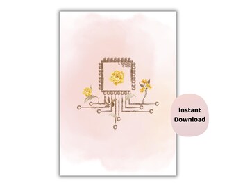 Bloemen CPU-circuitposter | Mooie computerwetenschappelijke muurkunst