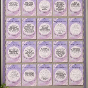 May include: A rectangular notice board with a silver frame displays twenty individual purple cards arranged in four rows. Each card features the name of a woman in computer science, a brief biography, and the text Women in Computer Science.