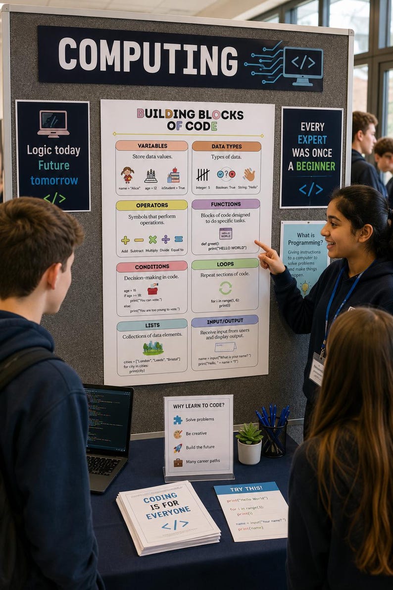 May include: A large educational display board titled COMPUTING featuring a poster titled BUILDING BLOCKS OF CODE with sections on variables, data types, operators, functions, conditions, loops, lists, and input/output, plus a WHY LEARN TO CODE sign.