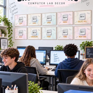 May include: Ten framed posters displayed on a wall, each featuring a keyboard key graphic with a shortcut command like Ctrl+C, Ctrl+S, Ctrl+Z, Ctrl+V, Ctrl+A, Ctrl+B, Ctrl+U, Ctrl+P, Ctrl+F, and Ctrl+T, along with their corresponding functions.
