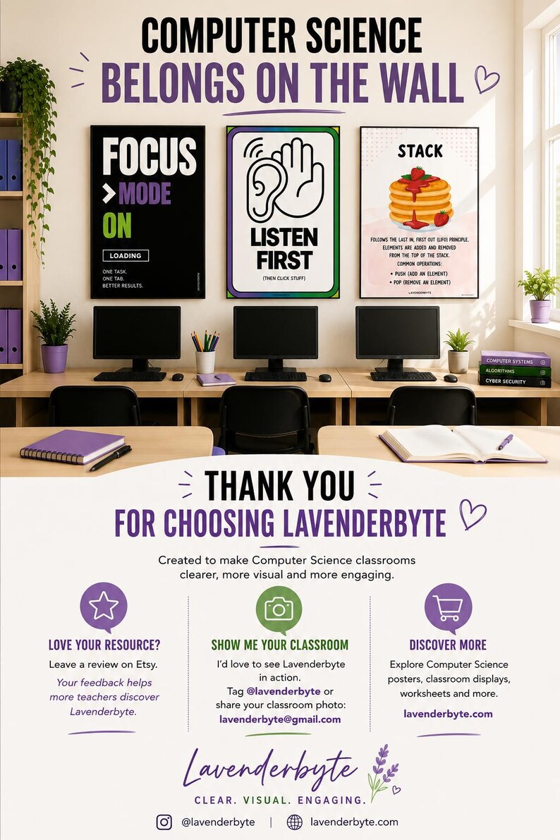 Puede incluir: Tres carteles educativos para un aula de inform&aacute;tica con el texto Focus Mode On, Listen First y Stack. Los carteles muestran conceptos de inform&aacute;tica con ilustraciones gr&aacute;ficas y texto explicativo en un dise&ntilde;o claro y profesional.