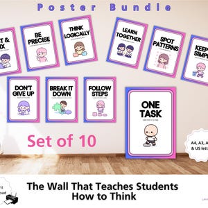 May include: A set of 10 educational posters with a white background and a pink and blue gradient border. Each poster features a different phrase and cartoon illustration, including "Test & Fix" and "One Task." The text "Set of 10" is also visible.