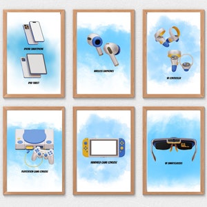 May include: Six framed prints with blue and white watercolor backgrounds featuring various tech gadgets. The prints include an iPhone smartphone, iPad tablet, wireless earphones, VR controller, PlayStation game console, handheld game console, and VR smartglasses.