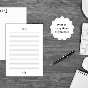 K&ouml;nnte beinhalten: Bedruckbares, liniertes Papier mit dem Text "NOTES" und "</>" oben und unten auf der Seite. Der Text "So oft drucken, wie Sie es ben&ouml;tigen" befindet sich auf einem wei&szlig;en Kreis.