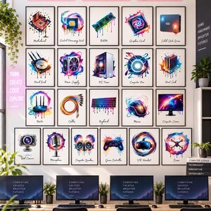 May include: A set of 20 computer hardware posters featuring colorful, artistic illustrations of components like a motherboard, RAM, graphics card, and VR headset. Each poster includes a label and vibrant paint-splatter style graphics.