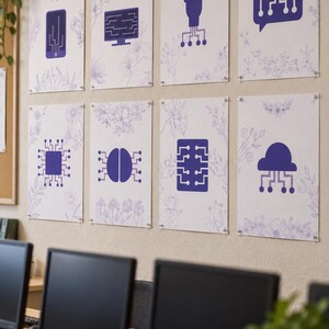 May include: Eight rectangular wall posters arranged in two rows, each featuring a white background with light purple floral line art and a bold, solid purple tech-themed icon, including a smartphone, monitor, plug, speech bubble, chip, and cloud.