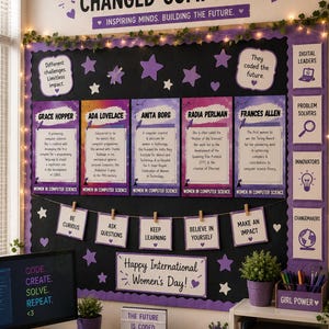 May include: A bulletin board titled Women Who Changed Computing features posters of Grace Hopper, Ada Lovelace, Anita Borg, Radia Perlman, and Frances Allen. The display includes inspirational text, purple stars, and hanging cards with motivational phrases.