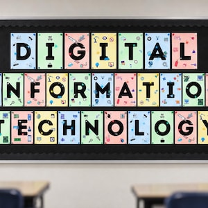 May include: A rectangular black bulletin board featuring colorful paper cards arranged in three rows. Each card displays a large black letter spelling out DIGITAL INFORMATION TECHNOLOGY, decorated with small icons related to computing and tech.