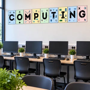 May include: A classroom wall display featuring ten rectangular panels spelling the word COMPUTING in large black letters. Each panel has a unique pastel background color and various small icons related to technology, computers, and digital devices.