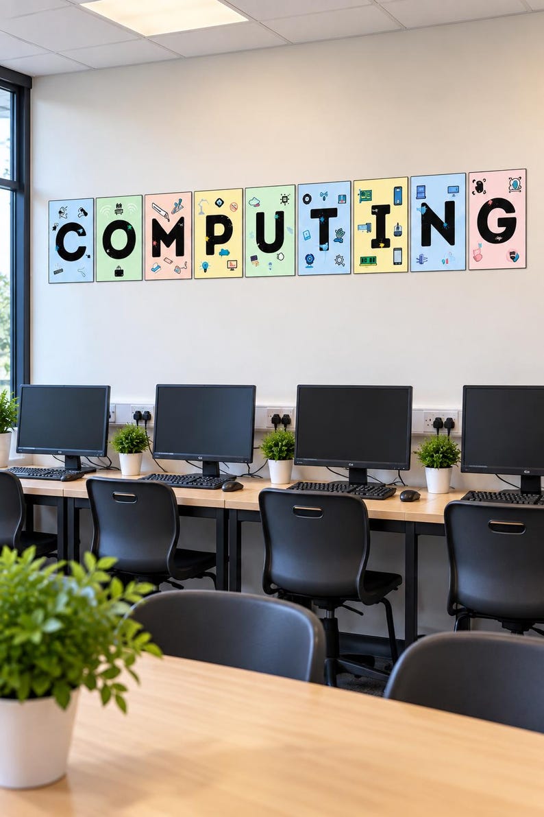 May include: A classroom wall display featuring ten rectangular panels spelling the word COMPUTING in large black letters. Each panel has a unique pastel background color and various small icons related to technology, computers, and digital devices.