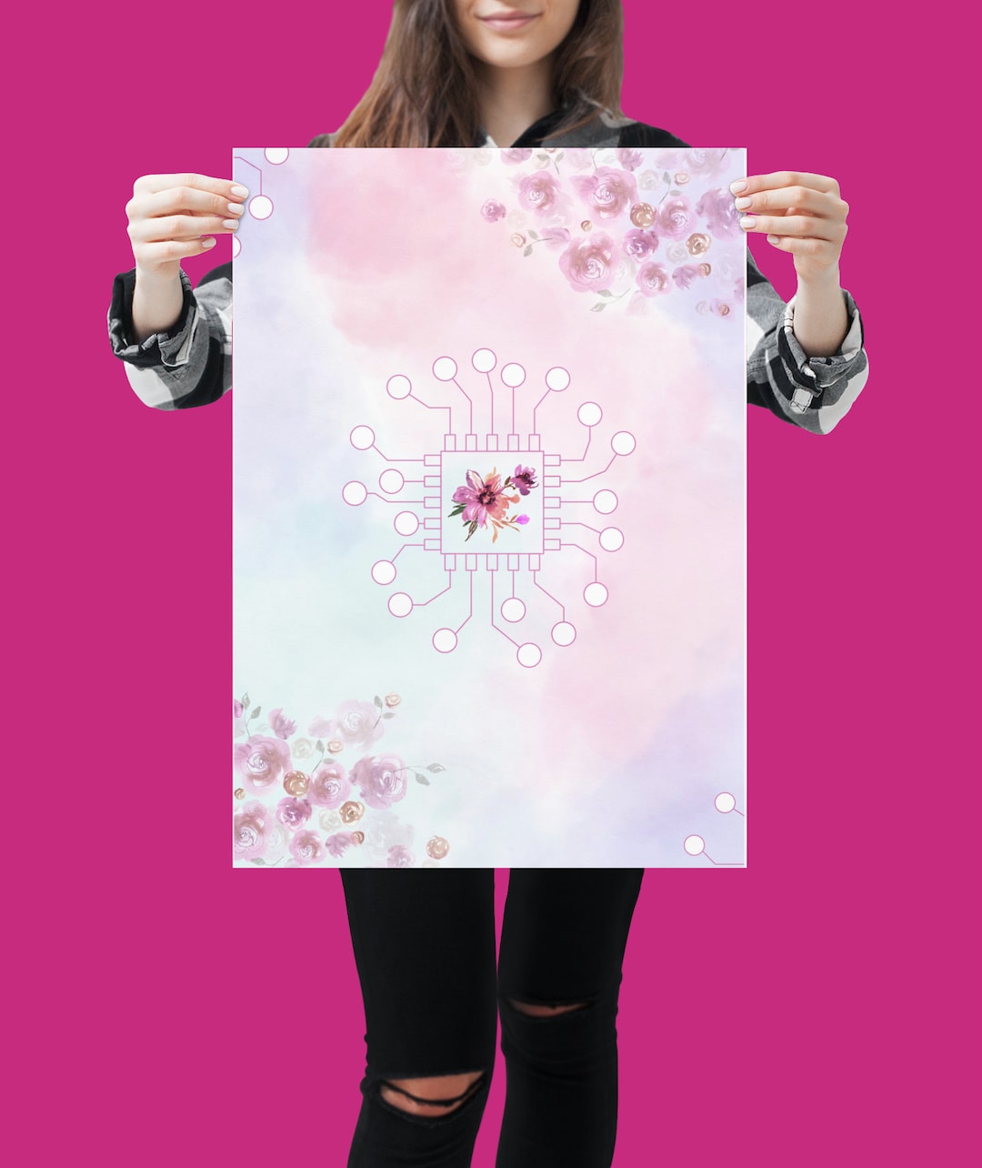 Tech CPU Code Wall Art Poster - Pink Floral Print for Tech Girl ...