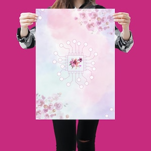 Tech CPU Code Wall Art Poster - Pink Floral Print for Tech Girl, Computer Science Student, Programmer Coding, Women in Computing,Lab Teacher