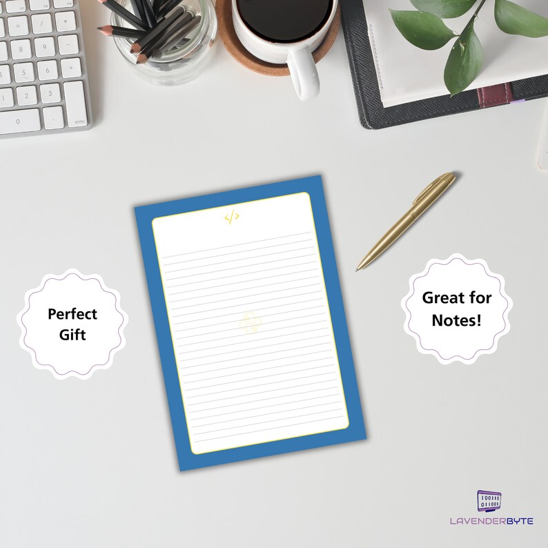 May include: A blue lined notepad with a yellow checkmark symbol on the top. The notepad is on a white surface with a gold pen, a keyboard, a cup of coffee, and a plant.