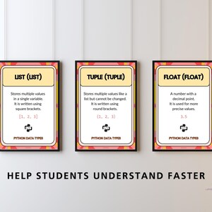 Python Datentypen Poster Set, String Integer Float Boolesche Liste Tuple Set Wörterbuch, GCSE Computer Science Classroom Decor KS3 KS4 Wall Bild 4