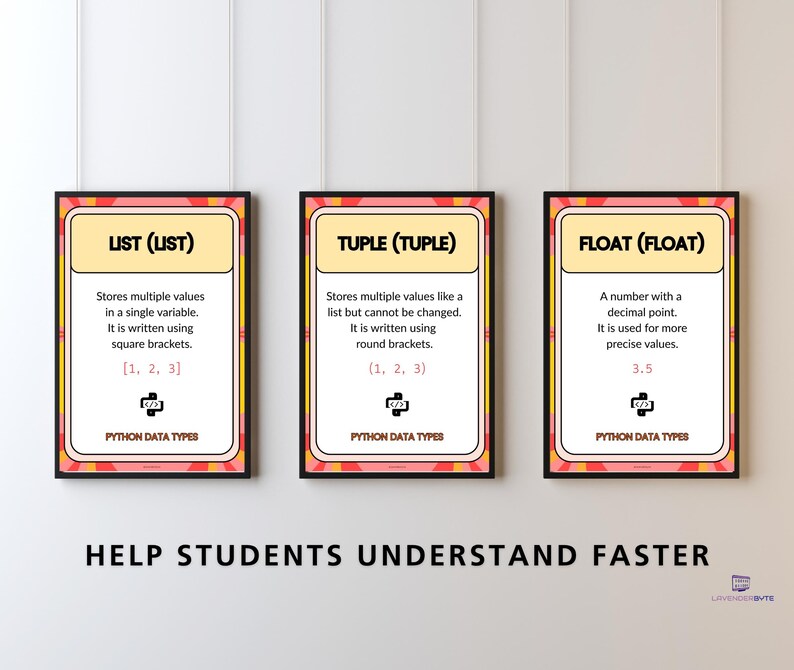Python Datentypen Poster Set, String Integer Float Boolesche Liste Tuple Set Wörterbuch, GCSE Computer Science Classroom Decor KS3 KS4 Wall Bild 4