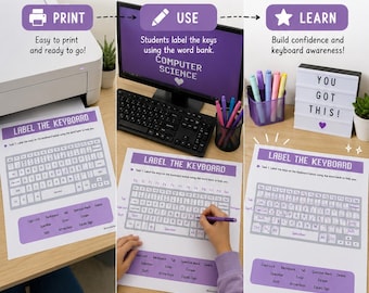Op de afbeelding: Een digitaal educatief hulpmiddel getiteld KEYBOARD SKILLS met printbare werkbladen voor leerlingen om toetsenbordtoetsen te labelen. De set bevat instructies om te printen, gebruiken en leren, met visuele voorbeelden van een computer en woordbank.