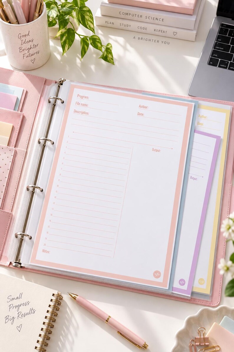 May include: A light pink three-ring binder containing white coding log pages with pastel borders. The pages feature fields for Program, File name, Author, Date, Description, and Output, with a numbered list for lines of code and a section for Notes.