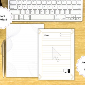 K&ouml;nnte beinhalten: Ein druckbarer digitaler Download einer linierten Notizbuchseite mit einem Mauszeiger und dem Wort "Notizen" oben. Die Seite hat einen goldenen Rand und ein subtiles Muster im Hintergrund.