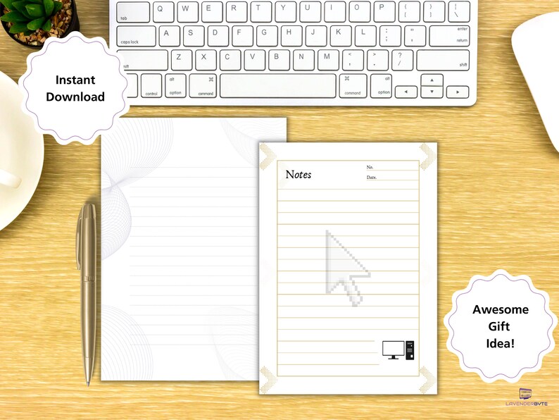 K&ouml;nnte beinhalten: Ein druckbarer digitaler Download einer linierten Notizbuchseite mit einem Mauszeiger und dem Wort "Notizen" oben. Die Seite hat einen goldenen Rand und ein subtiles Muster im Hintergrund.