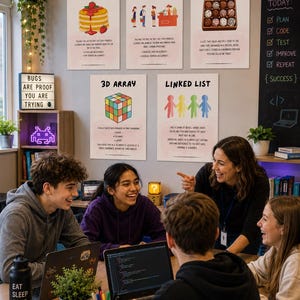 May include: Five educational posters on a wall featuring computer science concepts: Stack with pancakes, Queue with people, Array with chocolates, 3D Array with a cube, and Linked List with paper dolls. The wall also displays neon text reading CODE. CREATE. INSPIRE.