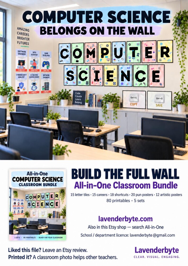 May include: A classroom wall display set featuring the text COMPUTER SCIENCE in large black letters on colorful backgrounds, accompanied by posters detailing tech careers, keyboard shortcuts, and educational prints for a computer lab environment.