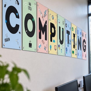 May include: A series of nine rectangular wall panels spelling out the word COMPUTING, each featuring a unique pastel background colour, a large black letter, and various small colourful icons related to technology and computer hardware.