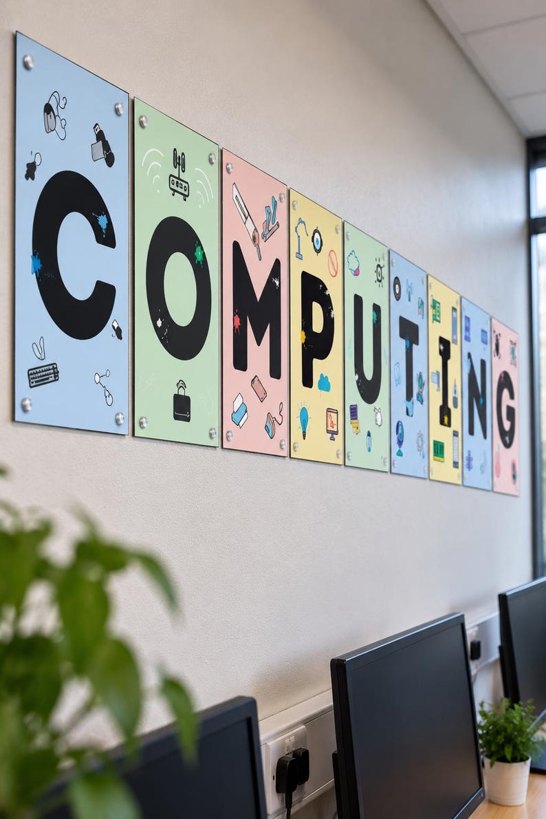 May include: A series of nine rectangular wall panels spelling out the word COMPUTING, each featuring a unique pastel background color, a large black letter, and various small colorful icons related to technology and computer hardware.
