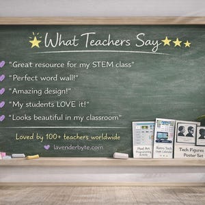 Puede incluir: Una pizarra verde con marco de madera que muestra el texto What Teachers Say, seguido de cinco testimonios marcados con corazones morados. Debajo, el texto dice Loved by 100+ teachers worldwide y lavenderbyte.com, con cuatro p&oacute;steres peque&ntilde;os.