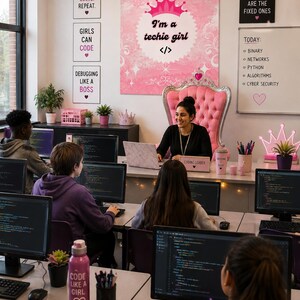 Op de afbeelding: Een klaslokaal met een grote roze poster met een kroon en de tekst I'm a techie girl, omringd door bordjes met programmeerslogans. Een persoon zit in een roze gecapitonneerde troonstoel aan een bureau met computers en studenten.