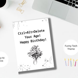 Ctrl-Alt-Delete Funny Tech-verjaardagskaart - afdrukbare gelukkige verjaardagsdownload voor computerwetenschappelijke tieners, nerds, geeks en techliefhebbers