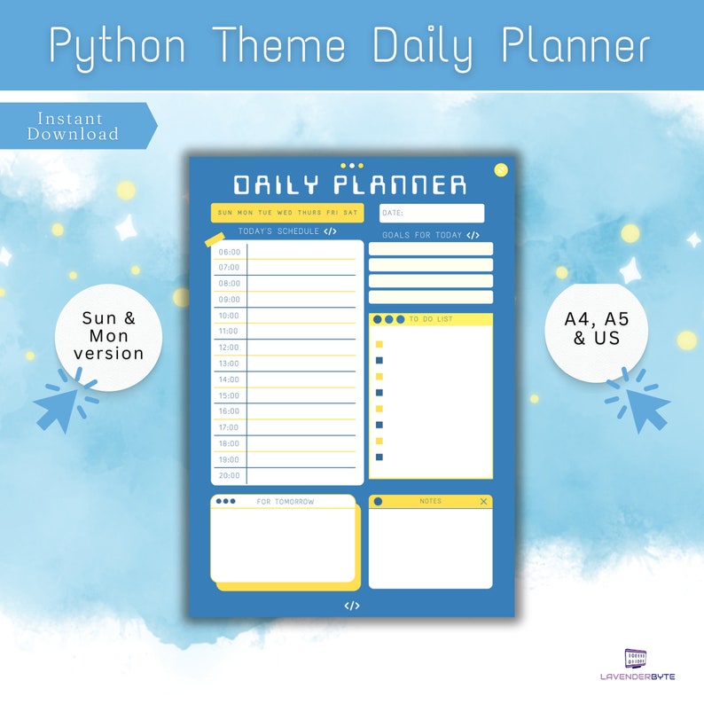 May include: A blue daily planner with yellow accents. The planner has a section for today's schedule, goals for the day, a to-do list, notes, and for tomorrow. The planner is designed with a Python theme and has code symbols throughout.