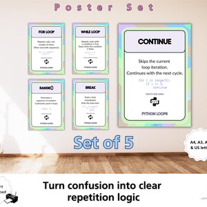 Set di poster sui cicli Python, ciclo For While, intervallo, interruzione, continua, materiale didattico per la classe di informatica GCSE, scuola secondaria di primo e secondo grado (KS3, KS4), decorazione murale per la programmazione, scuola. immagine 3