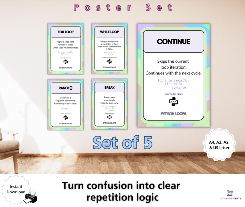 Set di poster sui cicli Python, ciclo For While, intervallo, interruzione, continua, materiale didattico per la classe di informatica GCSE, scuola secondaria di primo e secondo grado (KS3, KS4), decorazione murale per la programmazione, scuola. immagine 3